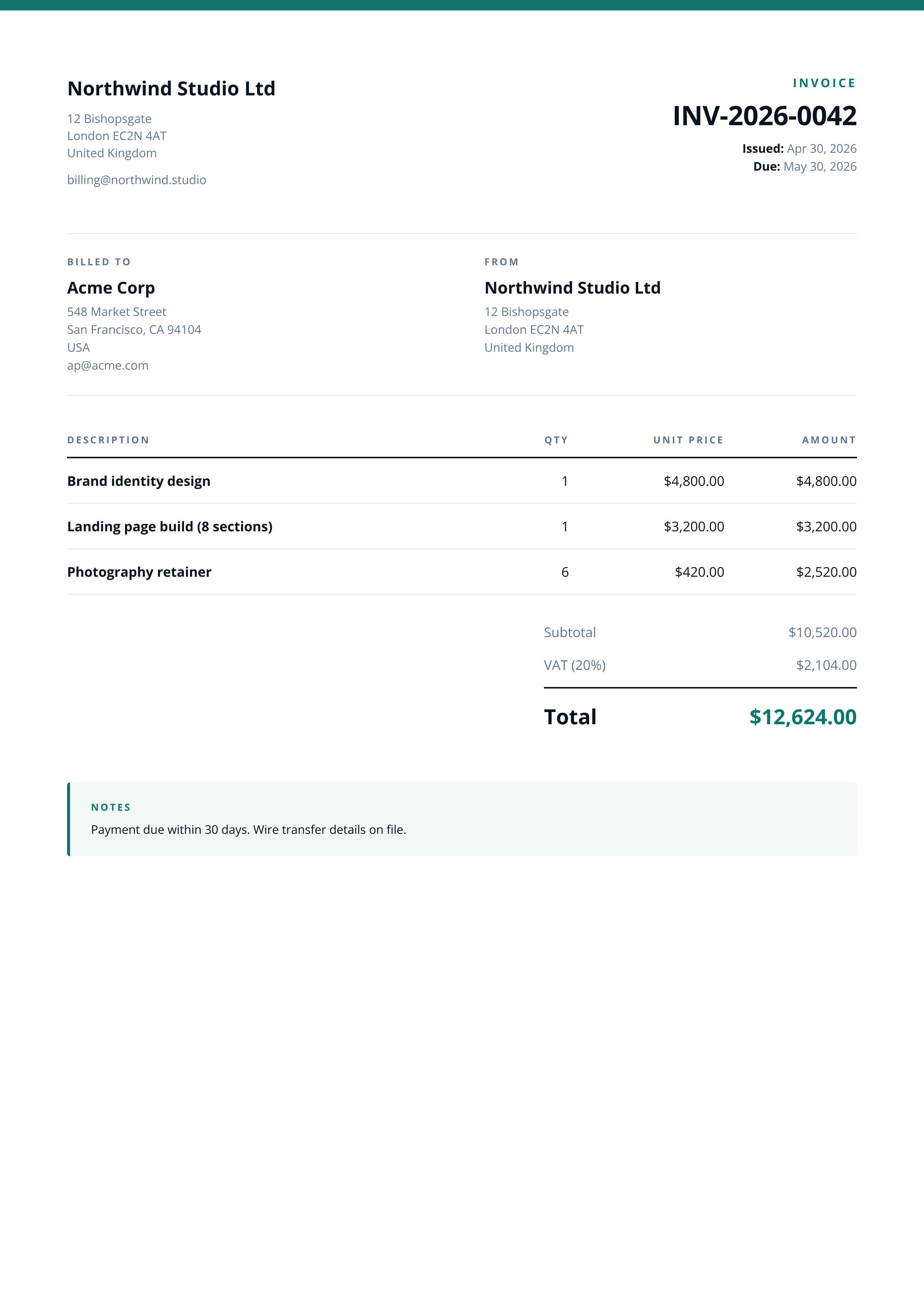 Invoice Image template preview, a business image generated by the html2img API