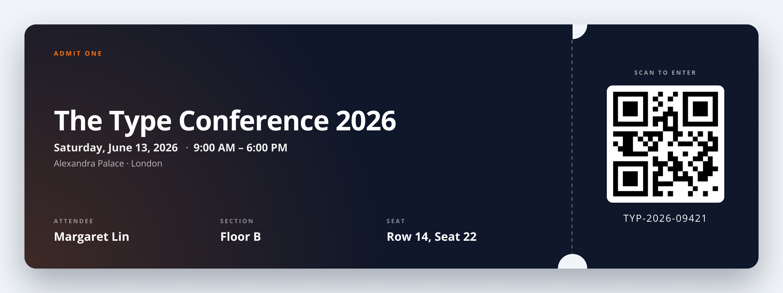 Event Ticket template preview, a business image generated by the html2img API