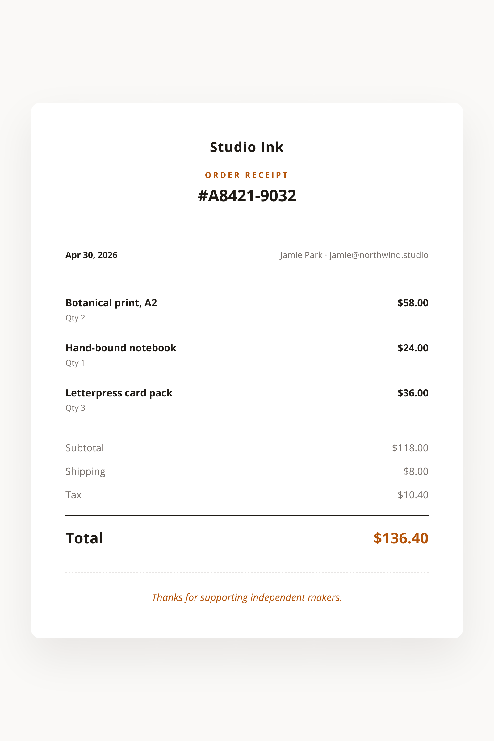 Receipt Image template preview, a business image generated by the html2img API