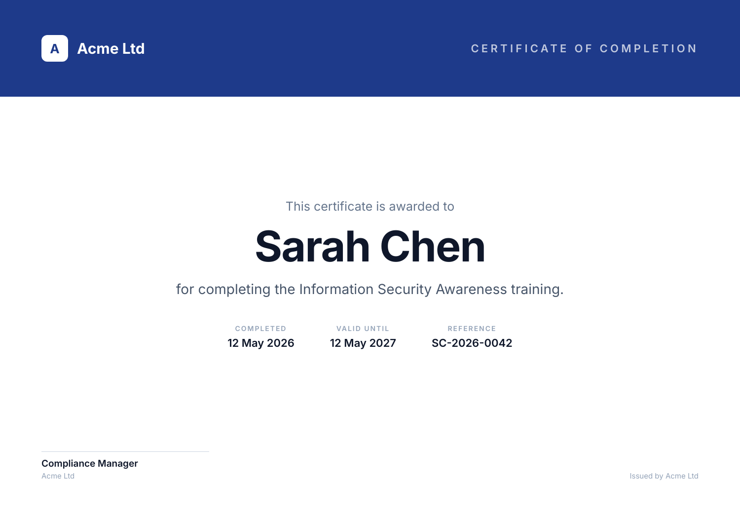 Corporate compliance layout, an example from the Certificate Generator