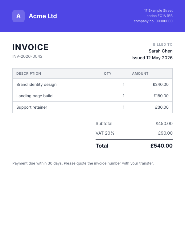 Traditional template with full-width brand band, an example from the Invoice Image Generator