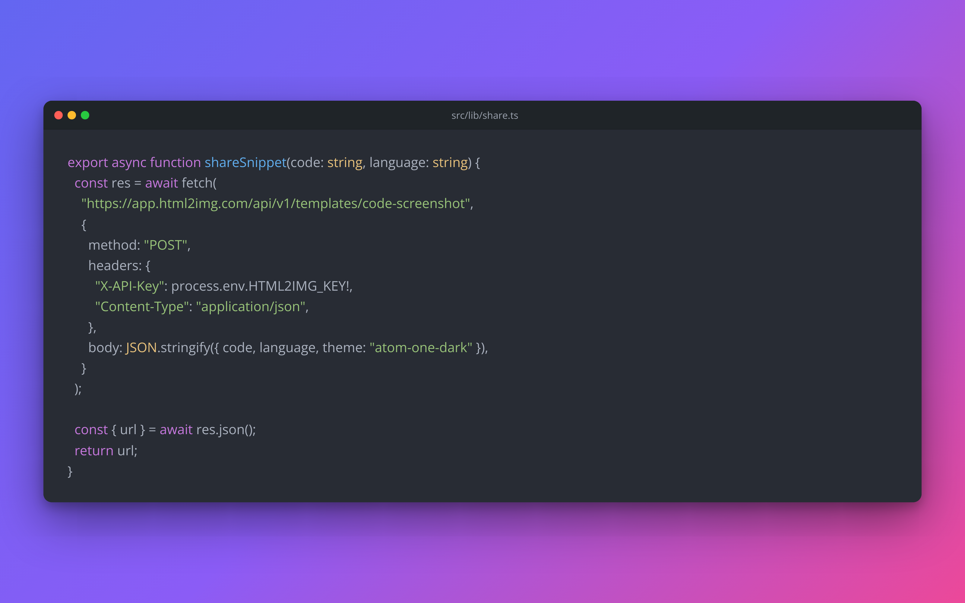 A TypeScript function rendered as a code screenshot with macOS window chrome on a purple gradient background