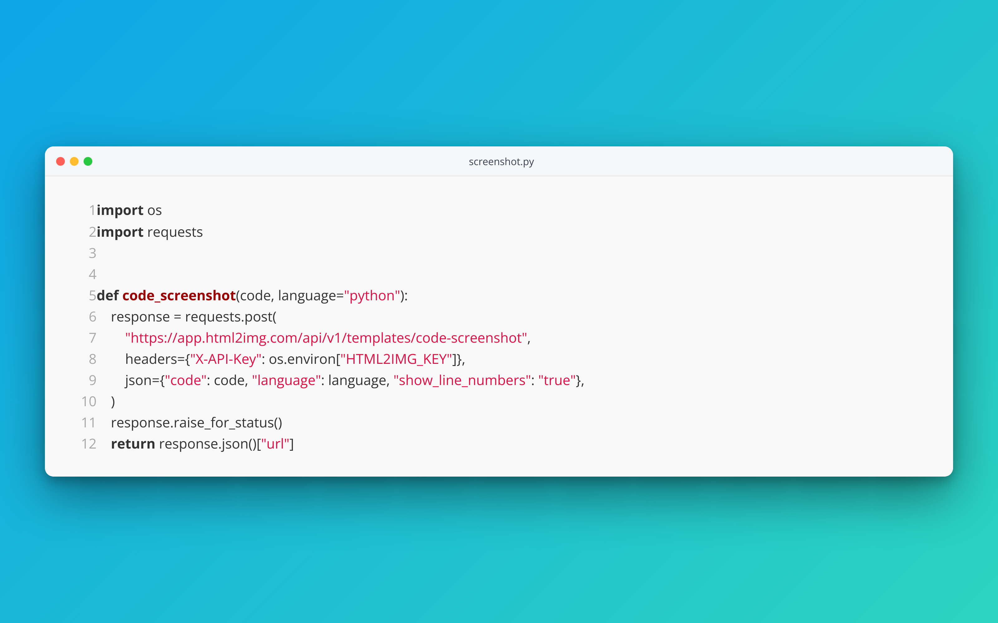 A Python function on a light GitHub theme with line numbers, on a blue to teal gradient