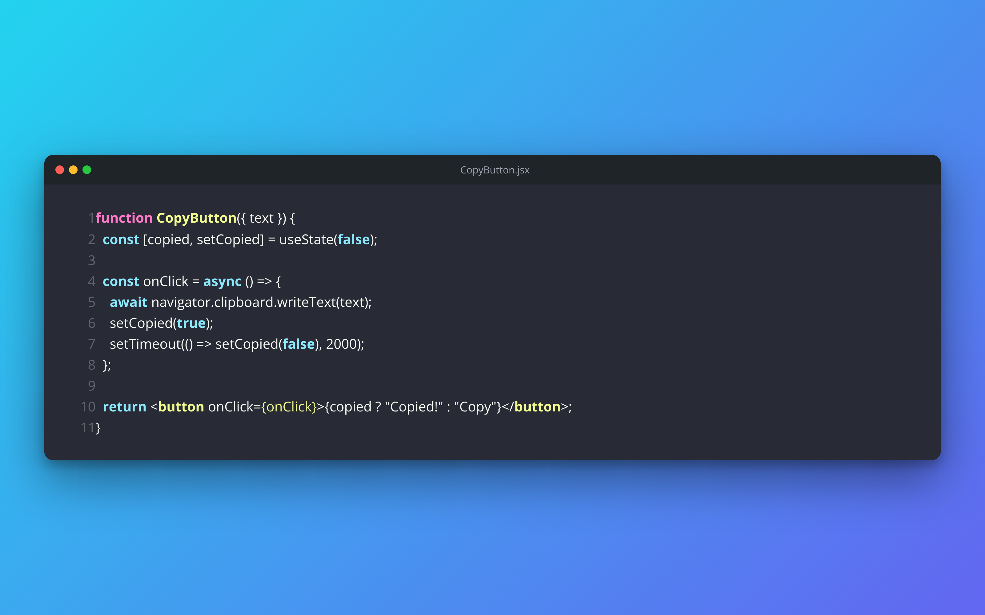 A React component on the Dracula theme with line numbers, on a cyan to indigo gradient
