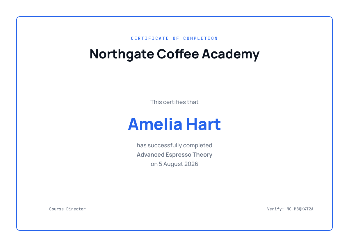 A rendered completion certificate for Amelia Hart from Northgate Coffee Academy, with a blue border, signature line and verification ID