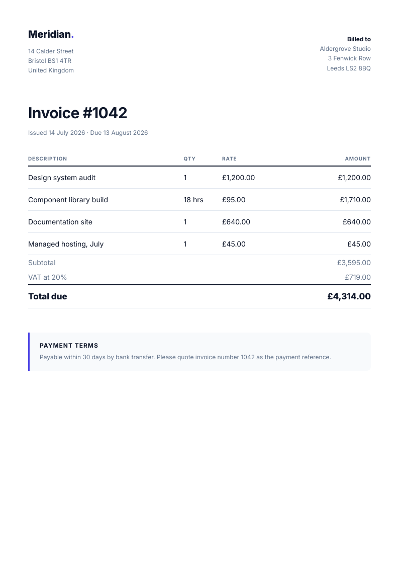 Invoice with a line-item table, an example from the HTML to PDF Converter