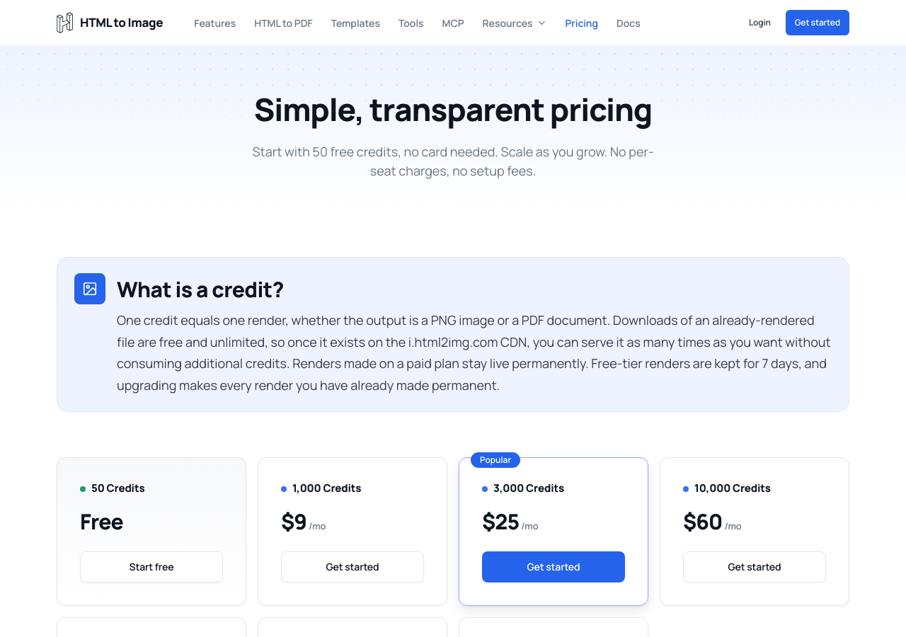 A pricing page before a change, an example from the URL to PDF Converter