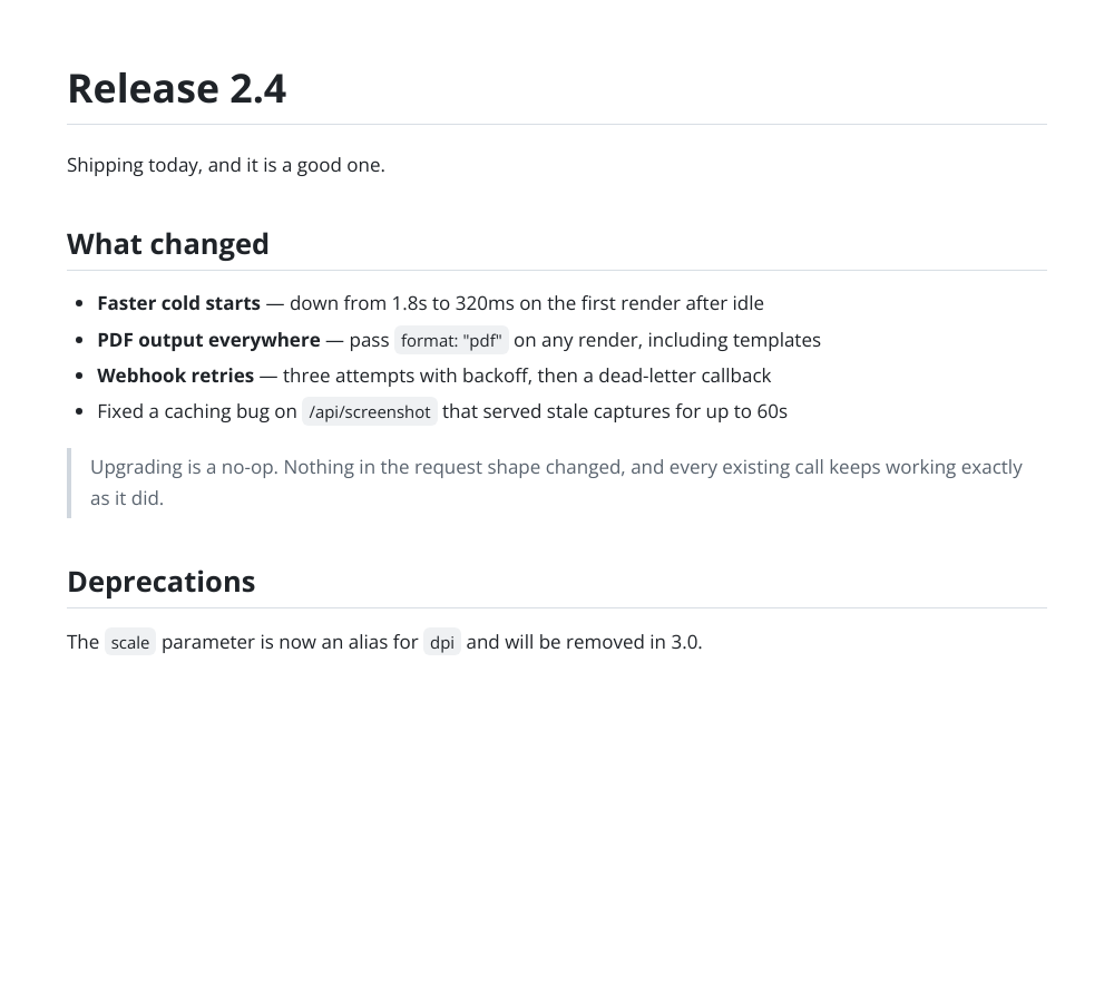 A release note, an example from the Markdown to Image Converter