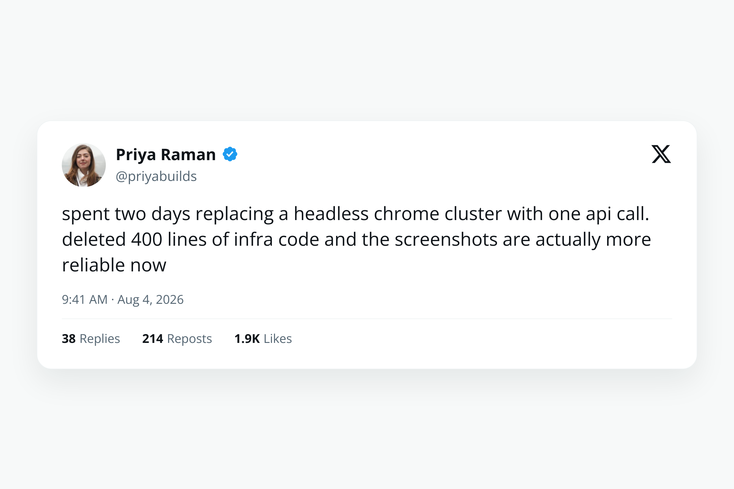 A short post with a blue check, an example from the Tweet to Image Generator
