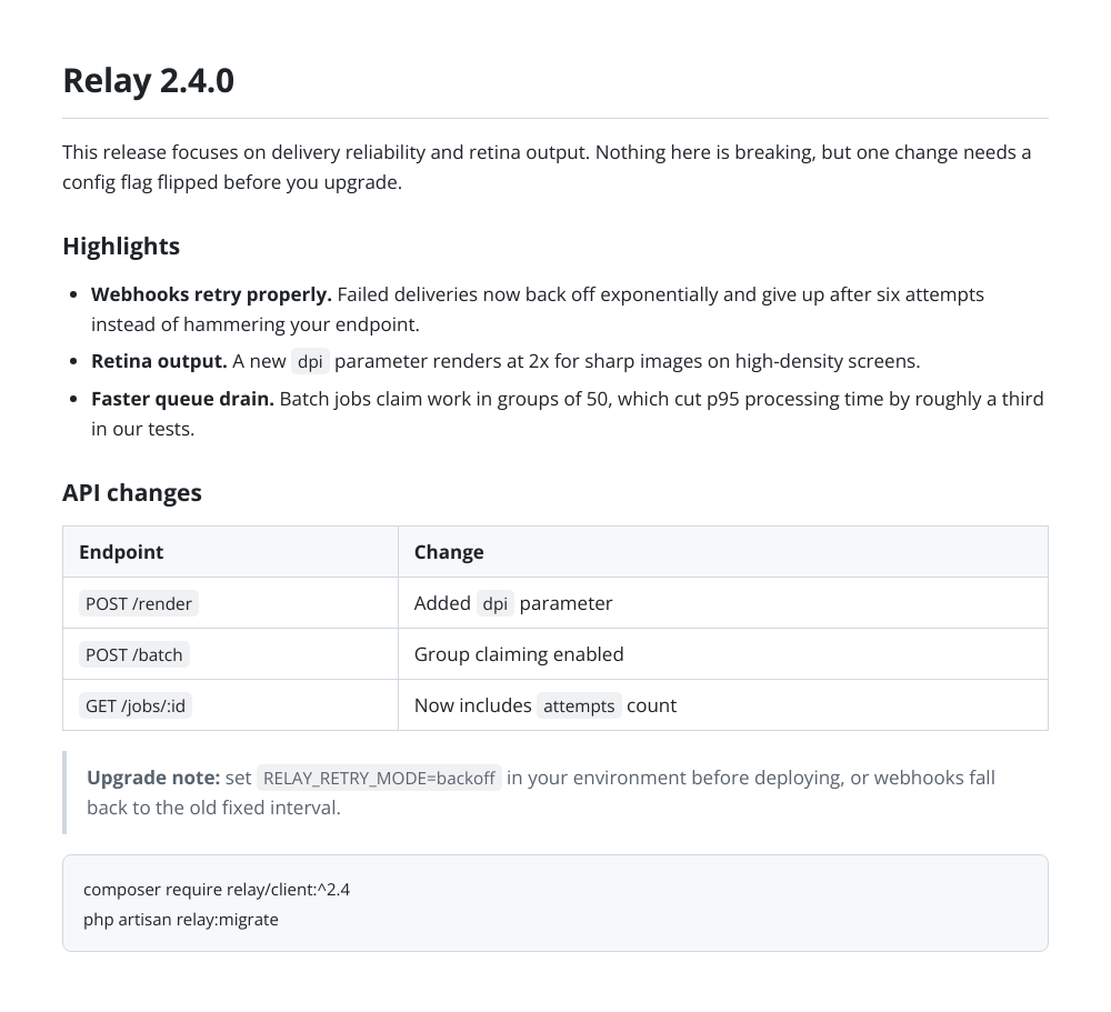 A rendered release note as a PNG: heading, bold bullets, a table with inline code, a blockquote and a code block all intact