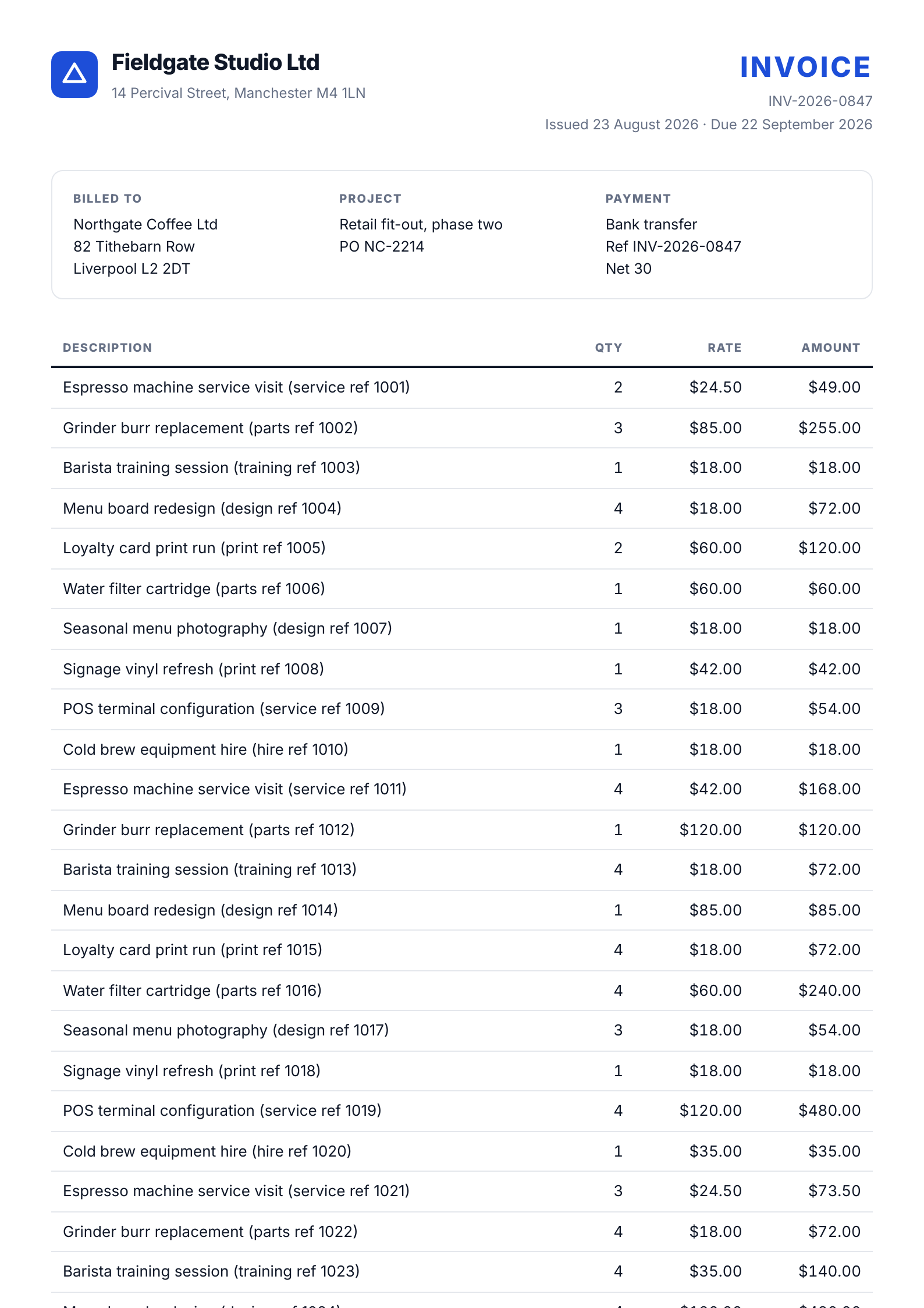 Page one of the test invoice rendered by the HTML to Image API: a flexbox header with an SVG logo, a CSS grid billing block, and the start of a 38-row line item table in the Inter webfont