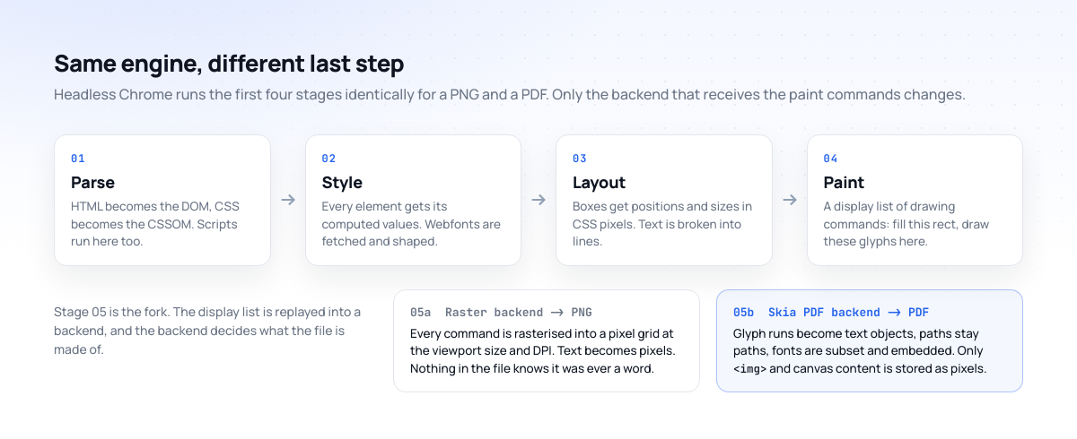 The five-stage rendering pipeline: parse, style, layout and paint are identical for PNG and PDF output, and only the final backend differs