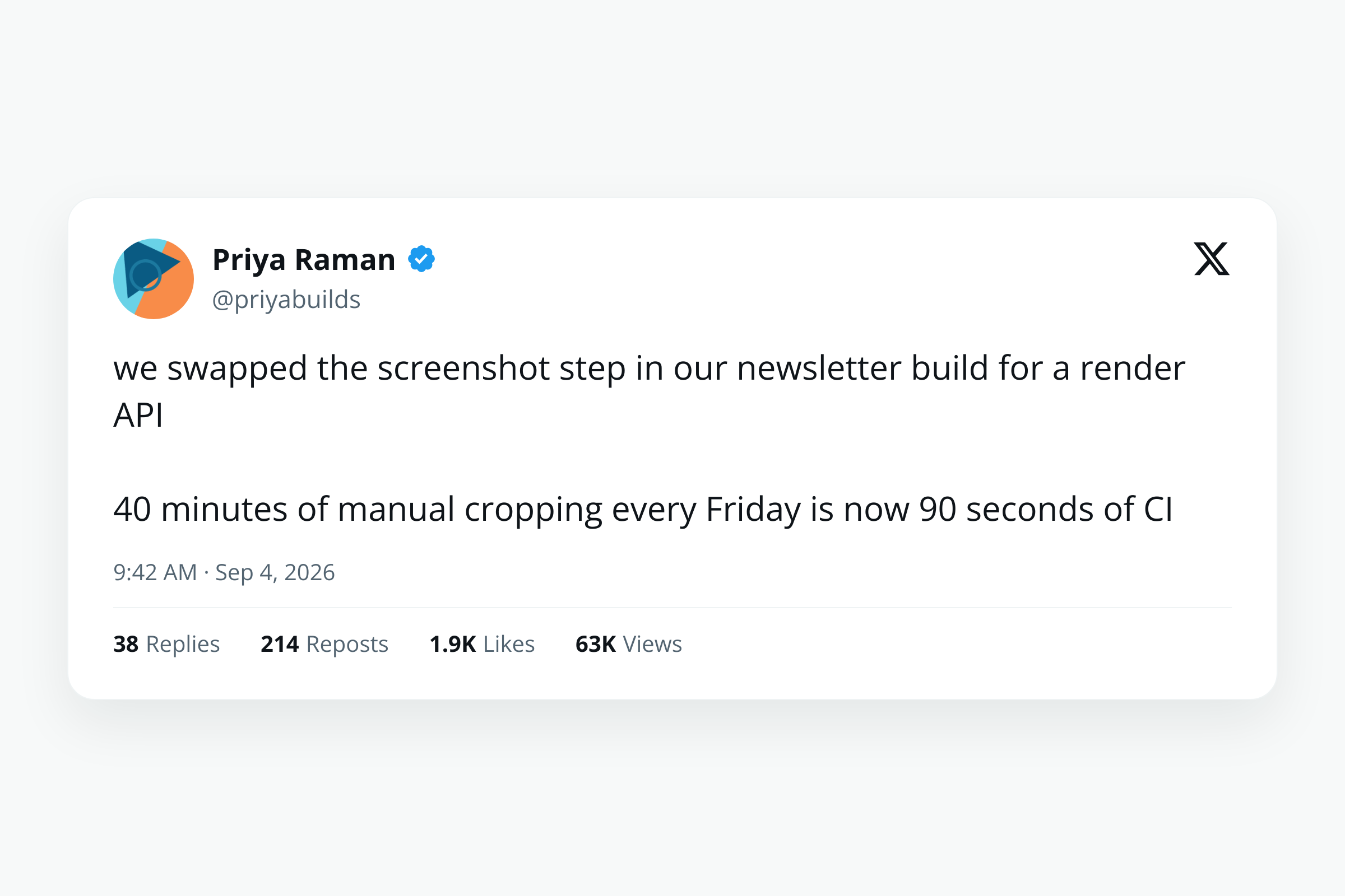 A tweet-style card rendered from JSON in the light theme, showing display name, handle, body text, timestamp and an engagement row