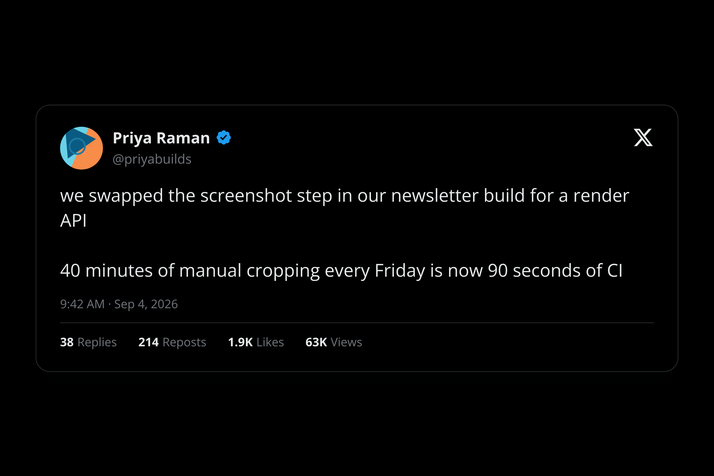 The same tweet card rendered in the dark theme, with white text on a black background