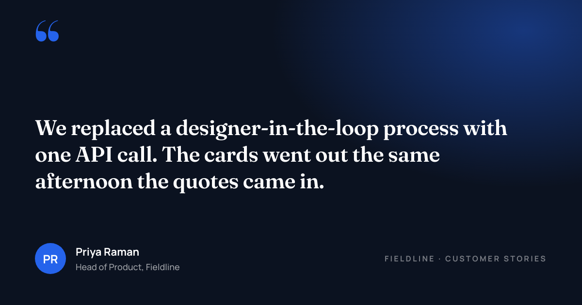 Rendered custom quote card: a dark navy 1200x630 card with a blue radial glow top-right, a large blue opening quotation mark, a two-sentence testimonial in white serif type, and at the foot a blue circular monogram reading PR beside the name Priya Raman, Head of Product, Fieldline, with FIELDLINE · CUSTOMER STORIES in spaced capitals on the right