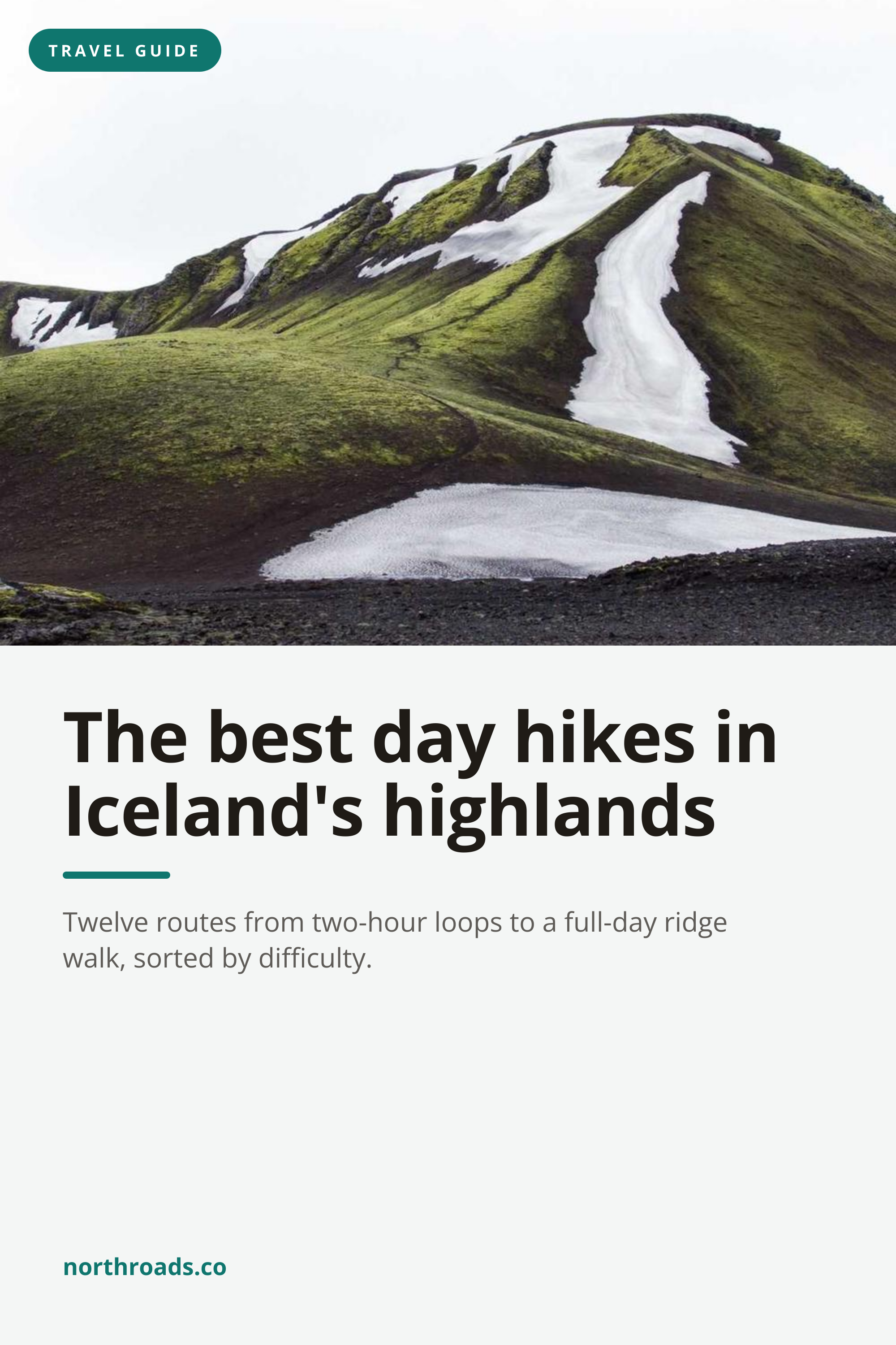 Rendered Pinterest pin: a 2:3 portrait card with a photo of green Icelandic highlands streaked with snow filling the top half, a small teal TRAVEL GUIDE label in the top-left corner, then on a pale grey panel below the photo the title The best day hikes in Iceland's highlands in large bold dark type, a short teal rule, a one-line subtitle in grey and the site name northroads.co in teal at the bottom