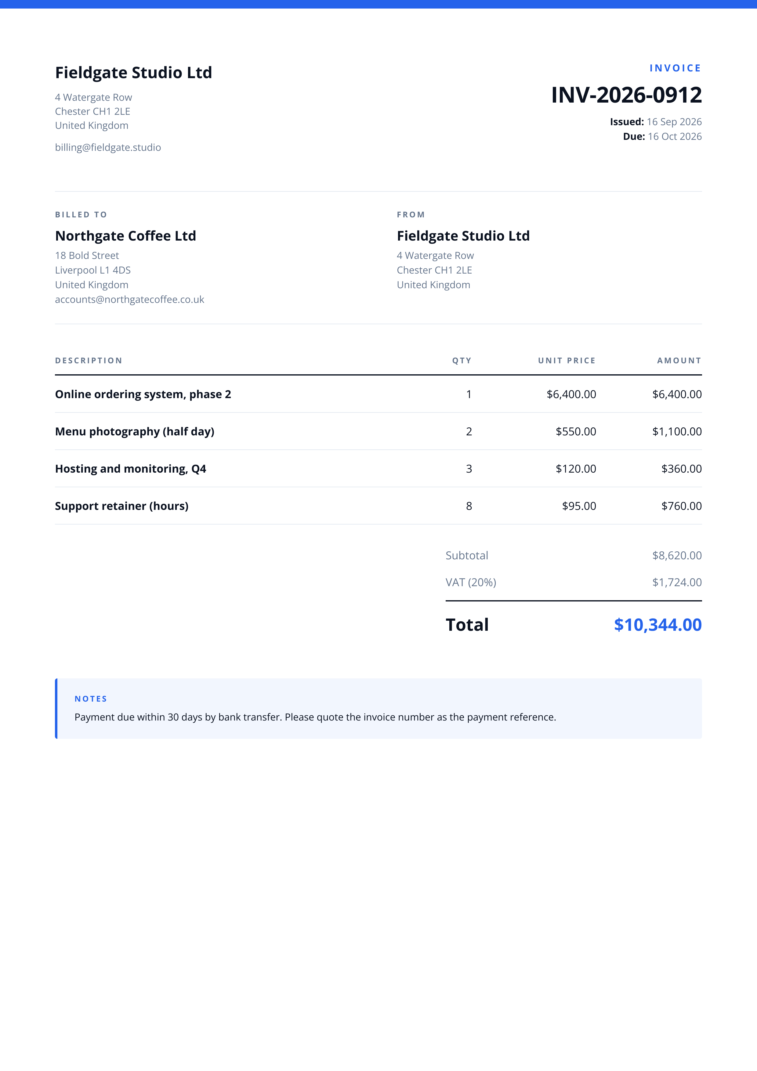 The rendered invoice: Fieldgate Studio Ltd billing Northgate Coffee Ltd, invoice INV-2026-0912, four line items, a VAT row and a total of $10,344.00, with a blue accent bar and a notes block at the foot