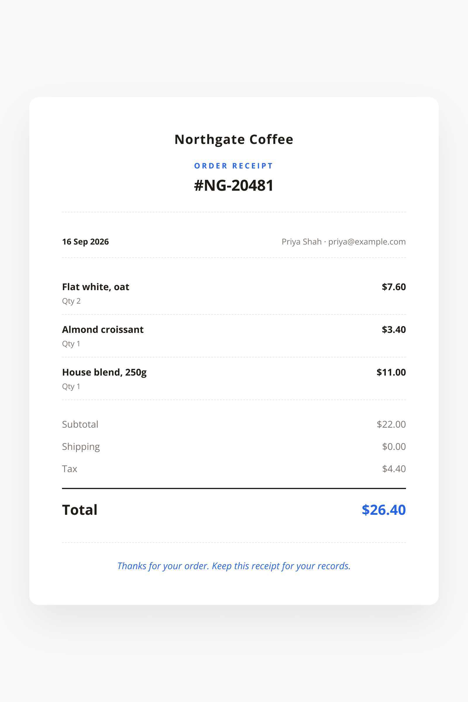 The rendered receipt for order NG-20481 from Northgate Coffee: three items, subtotal, shipping and tax rows, a blue total of $26.40 and a thank-you line